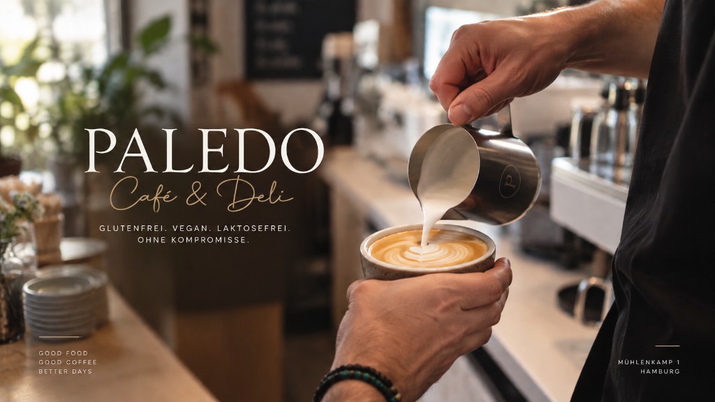 Paledo Café & Deli in Hamburg: glutenfrei, vegan, laktosefrei, ohne Kompromisse. Ein Barista gießt Milchschaum in einen Cappuccino. Mühlenkamp 1, Hamburg.